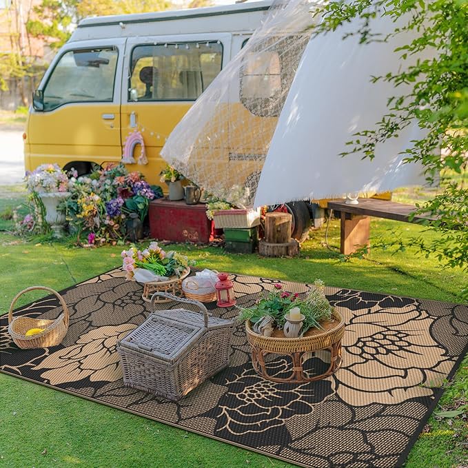 GENIMO Outdoor Rug Waterproof for Patio Decor, 9' x 12' Reversible Plastic Straw Floral Camping Carpet, Large Area Rugs Mats for RV, Camper, Deck, Balcony, Porch, Beach, Picnic, Mix-Black & Brown