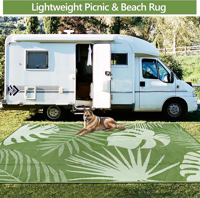 Waterproof Outdoor Rug 8x10 ft, Reversible Plastic Straw Mat with Leaf Pattern, Large Floor Mat for Patio, Camping, Picnic, Backyard RV, Deck, Light Green