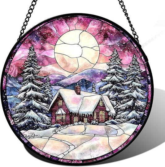 Stained Glass Window Hanging - Winter Snow Scene Cabin Moon Sun Catcher for Door Garden Home Decor Pine Tree Suncatcher Christmas Mother's Day Birthday Gifts for Women Men Mom Nana 15 in