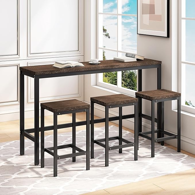Harper & Bright Designs 4-Piece Dining Set with Long Table & 3 Stools, Space-Saving Design, for Kitchen/Living Room, Dark Brown