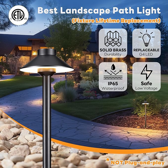 12v Landscape Lighting Brass - Low Voltage Pathway Lights IP65 Waterproof, Hard-Wired Path Light Outdoor, Mushroom-top Black for Exterior Area Patio House G4 Bulb Not Included (4 Pack)