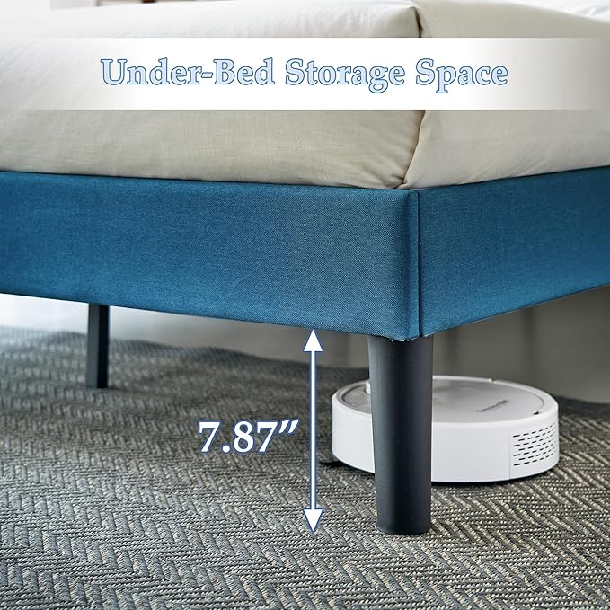 VECELO Queen Size Bed Frame with Adjustable Headboard, Upholstered Button Tufted Platform Bedframe with Wood Slats Support, No Box Spring Needed, Aegean Blue