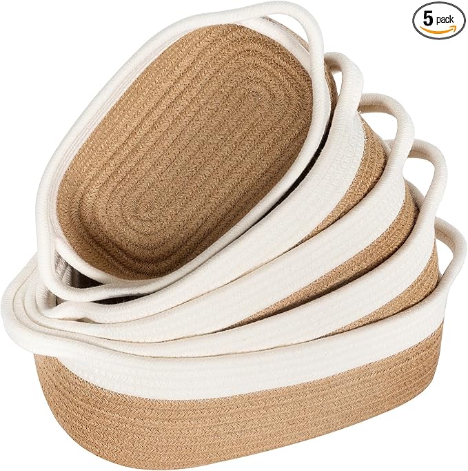 MINTWOOD Design 5-Piece Small Decorative Woven Storage Baskets Set for Shelves, Bathroom, Pantry and Nightstand Organizer, Catch All Tray with Handles for Organizing Gifts, Dog and Cat Toys, Jute