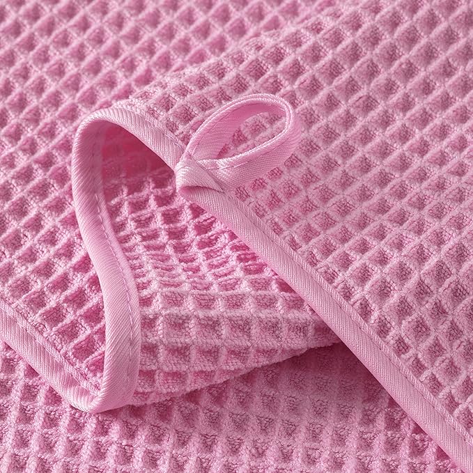 Microfiber Waffle Bath Towels, 4 Pieces, Soft, Absorbent, Fast Drying, Lint Free (Pink)