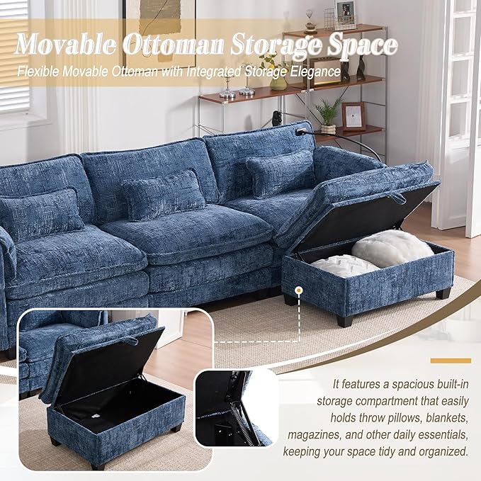 KEIKI 110" L-Shaped Boucle Modular Sectional Chenille Sofa with 1 Ottoman & Memory Foam Cushion & Phone Holder & USB, Upholstered Modern Oversized 4-Seater Couch, Easy Assembly, for Living Room, Navy