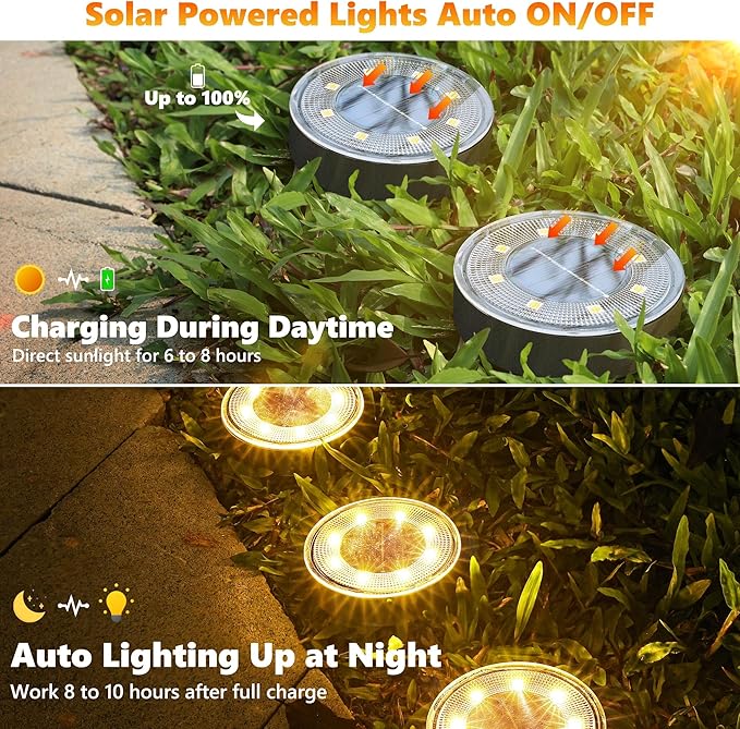 Joomer Solar Ground Lights, 4 Pack 8 LED Solar Lights Outdoor Waterproof IP68 Disc Light Landscape Lighting Garden Light for Patio Pathway Lawn Yard Driveway Walkway(Warm White)