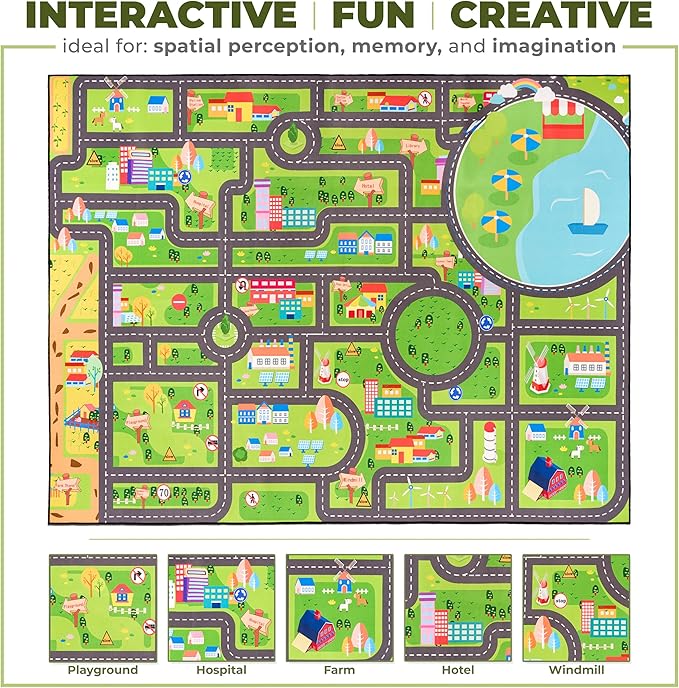 Sorbus Car Mat - City Road Washable Rug for Kids, Car Carpet, Floor Play Mats, Easy to Clean Washable Rugs for Safe and Fun Travel (Large)