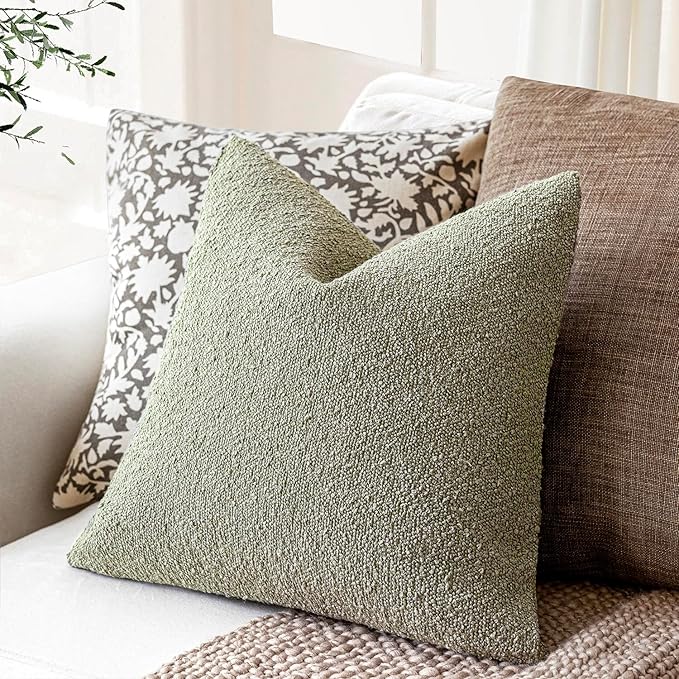 Foindtower Pack of 2 Textured Boucle Throw Pillow Covers Accent Solid Pillow Cases Cozy Soft Decorative Couch Cushion Case for Chair Sofa Bedroom Living Room Home Decor 18x18 Inch Dirty Sage Green