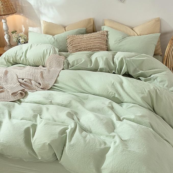 MooMee Bedding Duvet Cover Set 100% Washed Cotton Linen Like Textured Breathable Durable Soft Comfy (Heathered Seaglass Green, Full 80"x90")