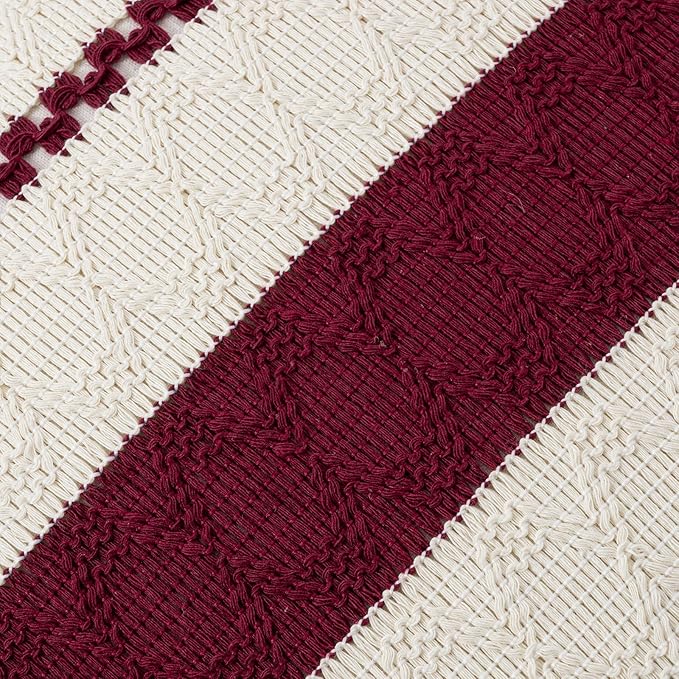 Fancy Homi Set of 2 Burgundy Boho Long Lumbar Decorative Throw Pillow Cover 12x20 Inch for Couch Bed Sofa, Aesthetic Modern Farmhouse Christmas Room Decor, Soft Cotton Cute Wind Red Cushion Case