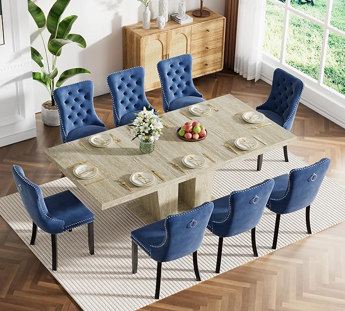 Goujxcy 9-Piece Extendable Dining Table Set for 8, 63-78 Inch Faux Travetine Kitchen Table Set with 8 Blue Upholstered Chairs Modern Wood Expandable Dining Room Table Set for Kitchen Apartment