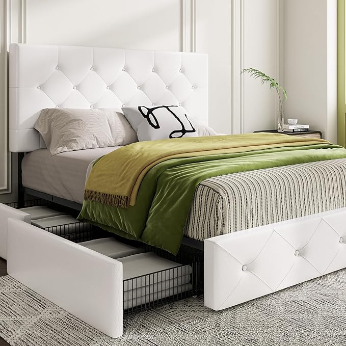 MUTICOR Queen Size Bed Frame with 4 Storage Drawers, Upholstered Platform Bed with Button Tufted Adjustable Headboard, No Box Spring Needed, Easy Assembly, Diamond Tufted, White Leather