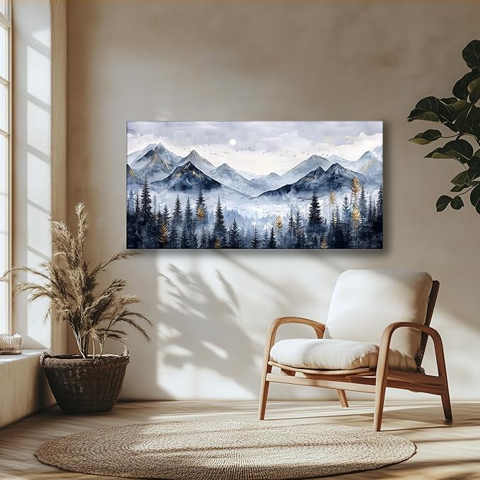 SERIMINO Mountain Landscape Large Wall Art, Misty Forest Canvas Prints, Blue Gold Watercolor Pine Tree Paintings Wall Decor Living Room Bedroom, Natural Scenery Office Decor Pictures 30"X60"