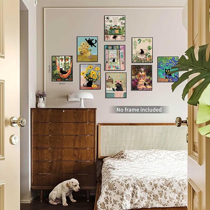 SEHSUVC Funny Black Cat Poster Set of 9, Vintage Van Gogh Black Cat Wall Art Prints, Colorful Cat Floral Aesthetic Prints Wall Decor Paintings for Bedroom Bathroom Dorm Home Decor 8x10In Unframed