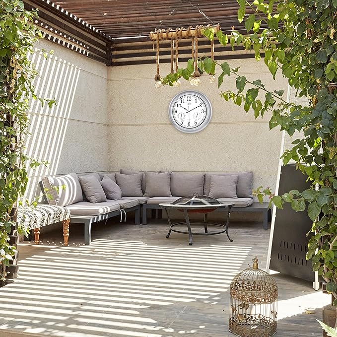 BEW Outdoor Clock for Patio, 18 Inch Large Outdoor Clocks Waterproof Weatherproof with Thermometer & Hygrometer Combo, Easy-to-Read Outside Wall Clock for Fence, Garden, Poolside, Backyard-Silver