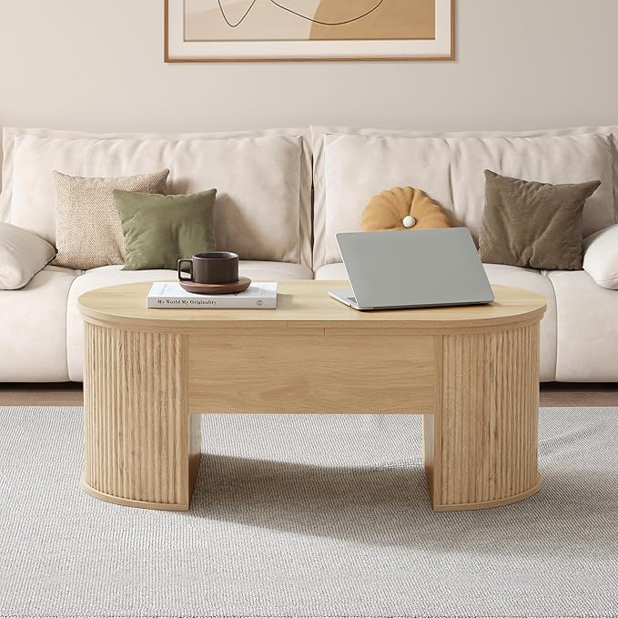 QHITTY Fluted Coffee Table with Lifting Top, Oval Wood Lift Top Coffee Table with Hidden Compartment, Mid Century Pull up Center Tables for Living Room, Office - Natural