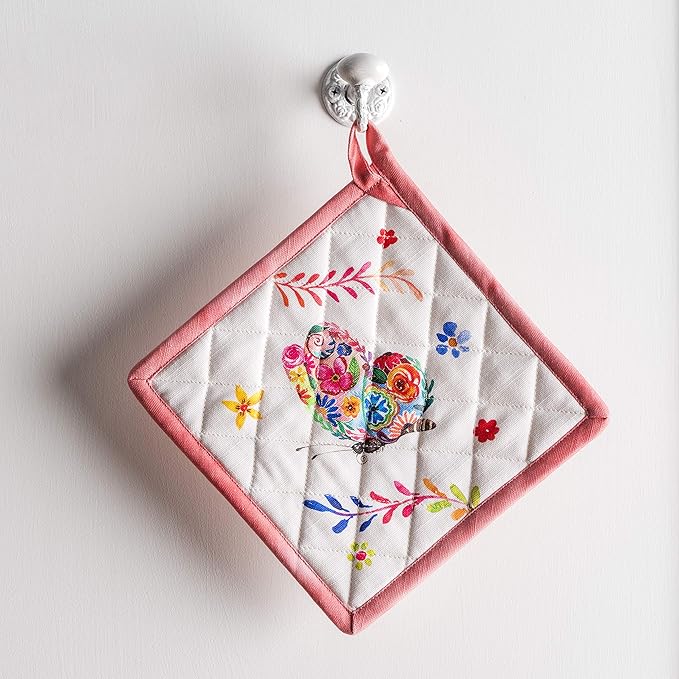 Maison d' Hermine Pot Holders Set 100% Cotton Heat Resistant Potholders 8" x 8" Hot Pads with Loop Cooking, Grilling, Kitchen, Handling Hot Pans Spring/Summer (Pack of 2, Happy Florals - High Summer)