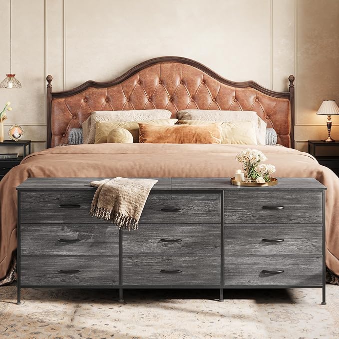 Huuger 63 Inch Dresser for Bedroom, Long Dresser for Closet with 9 Drawers, Large TV Stand for 55, 65, 70 Inch TV, Entertainment Center with Storage, Wide Chest of Drawers, Grey