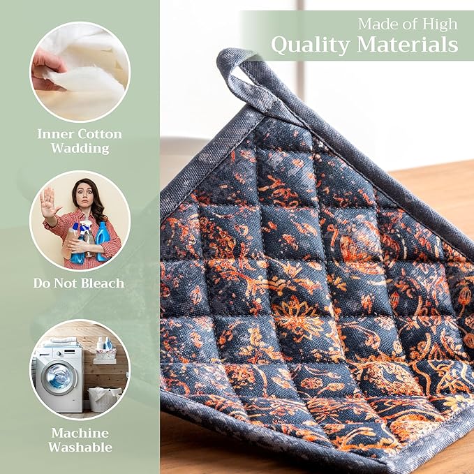 Maison d' Hermine Pot Holders 100% Cotton Heat Resistant Potholders 8" x 8" Hot Pads with Loop for Thanksgiving Christmas Decorations BBQ Cooking Baking Handling Hot Pans (Pack of 1, Imperfection)