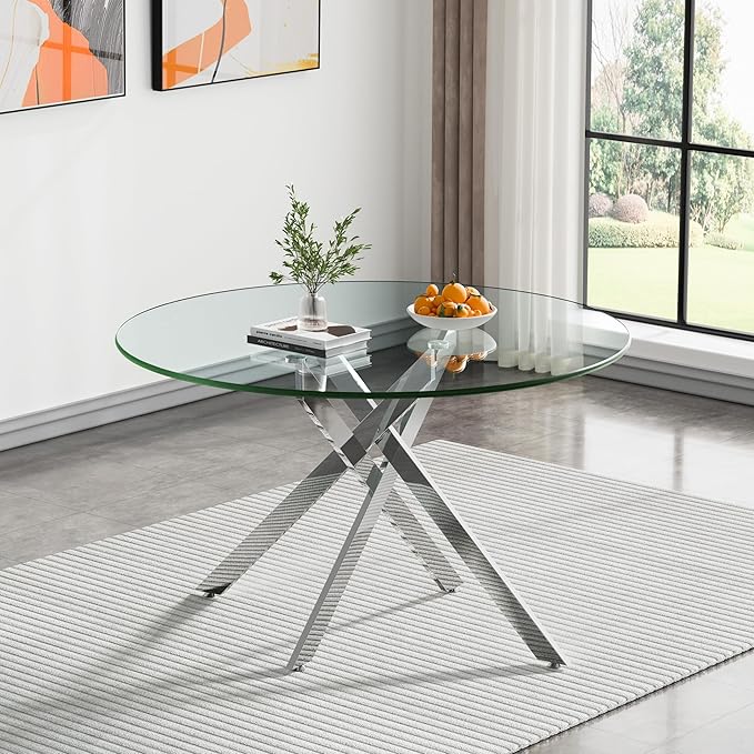 Goujxcy 5 Piece Round Glass Dining Table Set for 4, 47" Round Dining Table & Chair Set Modern Circle Glass Kitchen Table and 4 Velvet Upholstered Chairs for Kitchen Dining (Silver & Olive-Green)
