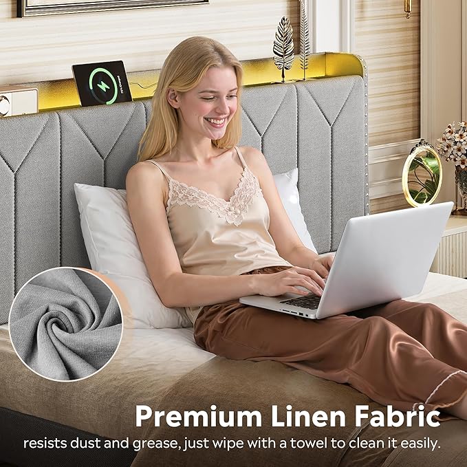 WLIVE Queen Size Upholstered Bed Frame with 2 Drawers, Linen Tufted Storage Headboard with Charging Ports and LED Light, Sturdy Metal & Wooden Slats Support, No Box Spring Needed, Light Grey