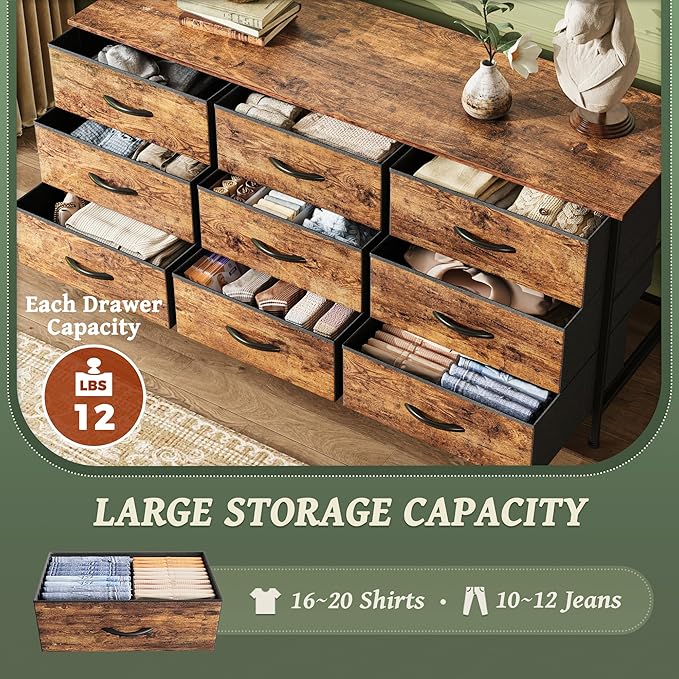 Huuger 9 Drawer Dresser, 47 Inch Dresser TV Stand for 50, 55 Inch TV, Entertainment Center with Drawers, for Bedroom, Closet, Rustic Brown