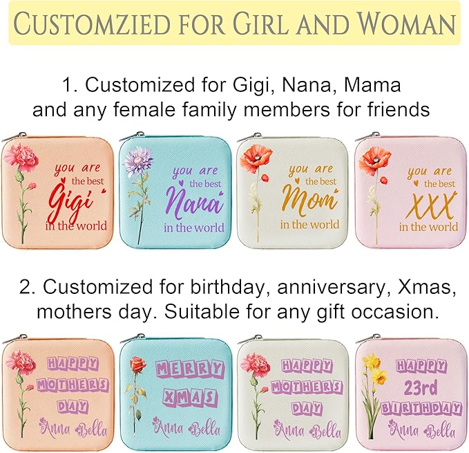 Personalized Mini Travel Jewelry Organizer, Customized Small Case With Initials, Gift for Women & Girls (Flower & Text)