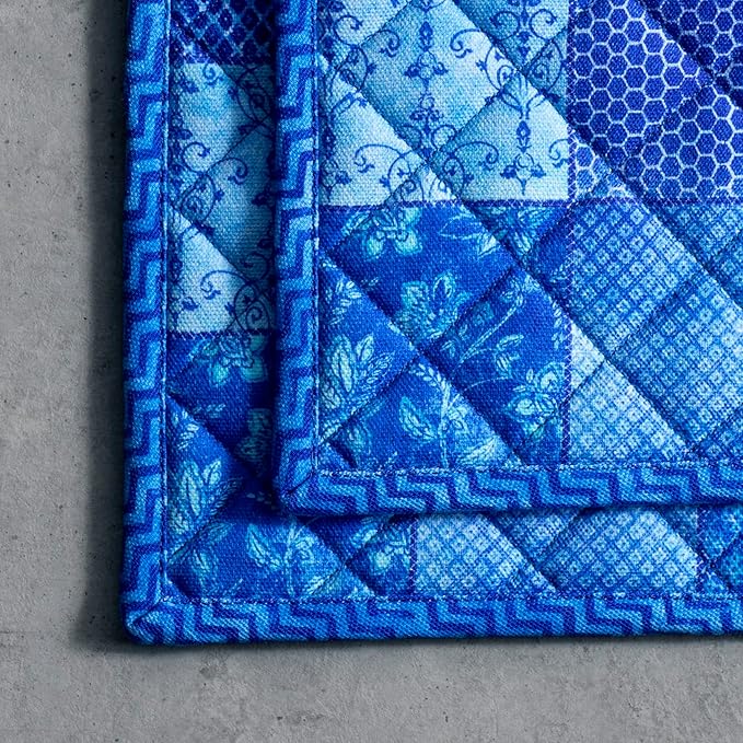 Maison d' Hermine Pot Holders Set 100% Cotton Heat Resistant Potholders 8" x 8" Hot Pads with Loop BBQ, Cooking, Baking, Grilling, Kitchen, Handling Hot Pans Spring/Summer (Pack of 2, Indigo Love)