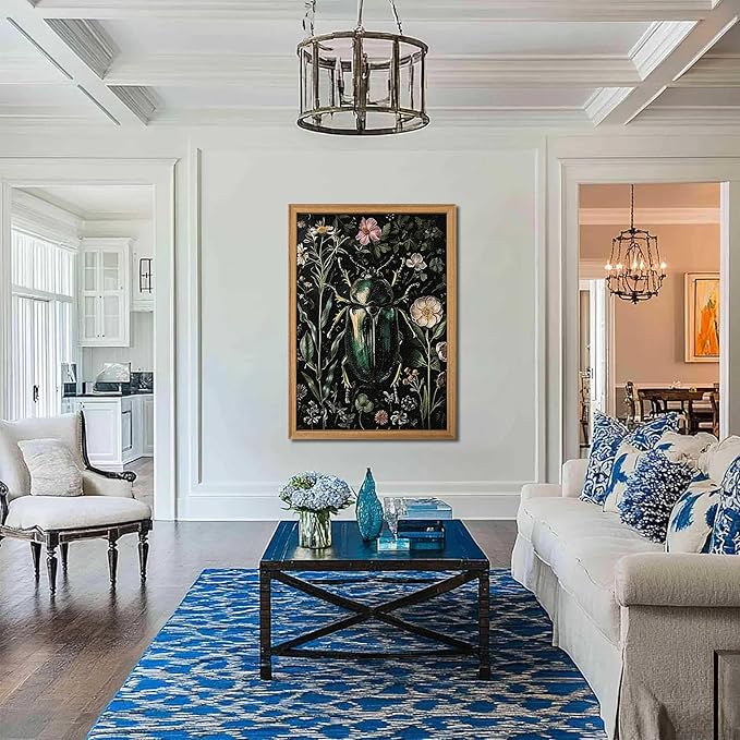 Framed Vintage 3D Textured Wall Art - Gothic Dark College Beetle Wall Decor - Hand Drawn Sandstone Nature Botanical Pictures for Living Room Bedroom Home Decor 24x36in