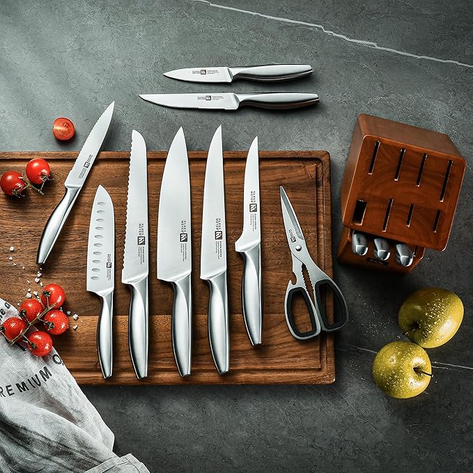 13-Piece Kitchen Knife Set With Block, High Carbon Stainless Steel and Non-Slip Handles. Rust Proof And Dishwasher Safe Cutlery