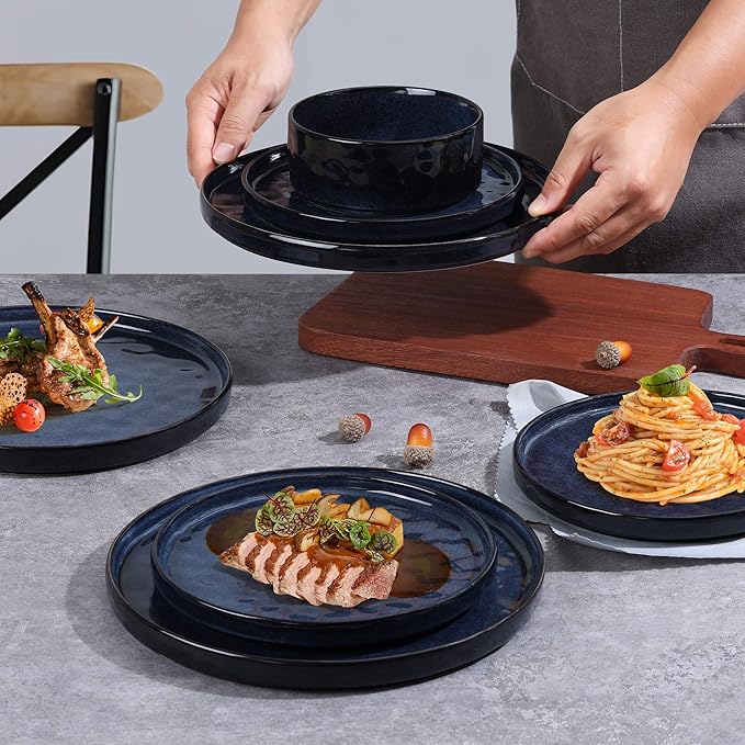 LIANYU 12 Piece Dinnerware Sets for 4, Stoneware Dish Dinner Set, Kitchen Dining Plates and Bowls, Ceramic Tableware Dishware, Microwave & Dishwasher Safe, Cetacean Blue