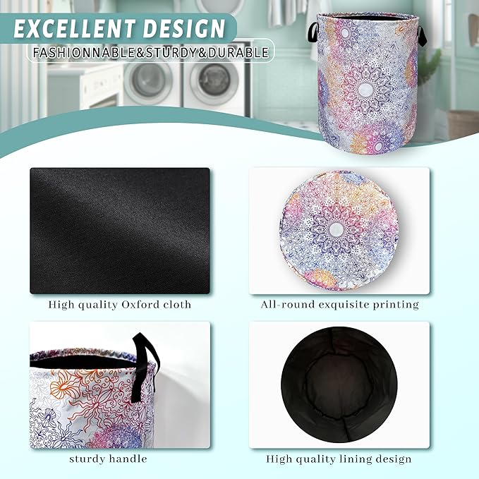 Colorful Mandala Flowers Laundry Basket Foldable With Handles Tote Bag Oxford Cloth Gradiently Laundry Hamper 18.9" x 16.5 "Clothe Storage Bucket Toy Organizer For Bathroom/Laundry/Bedroom
