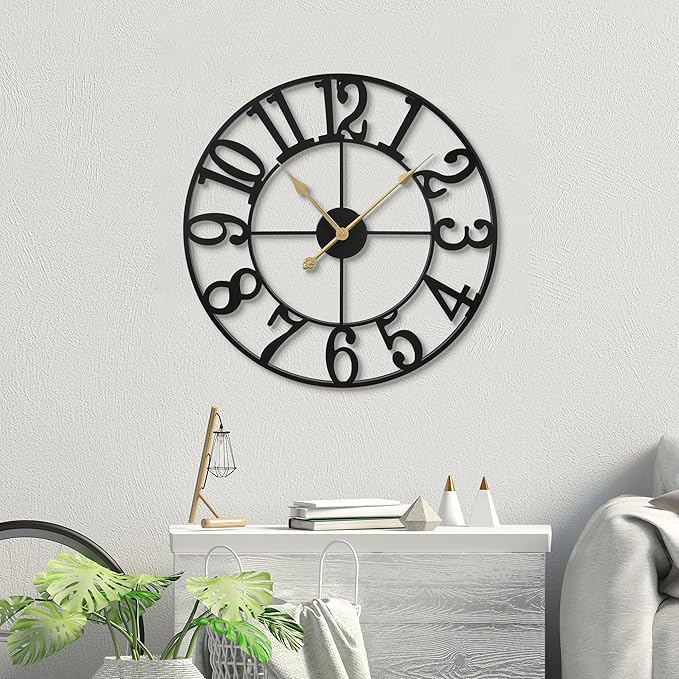 Wall Clock Battery Operated,Silent Non Ticking Modern Rustic Metal Small Clocks for Living Room/Bedroom/Office/Kitchen/Farmhouse Home Decor-16IN(Arabic Number-Black)