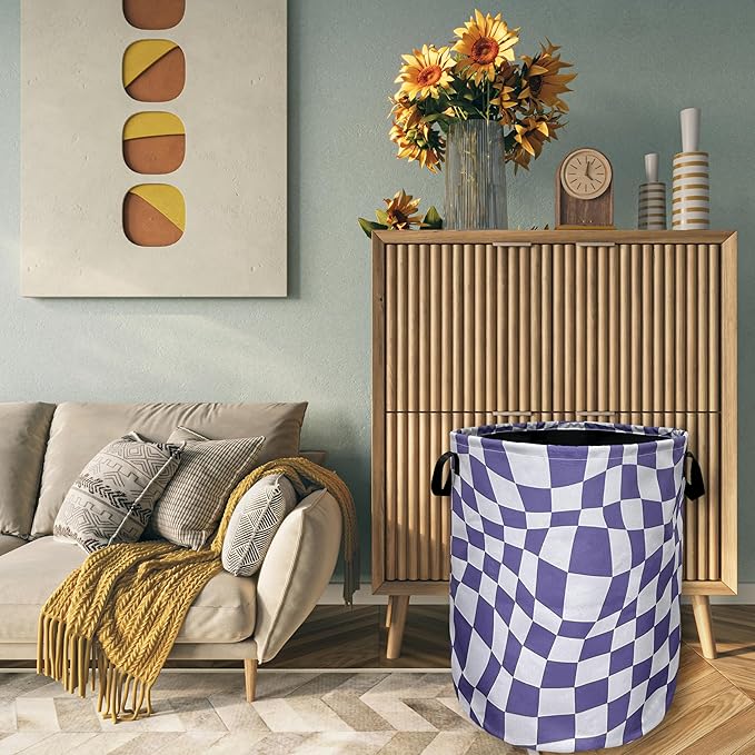 Purple Checkerboard Laundry Basket Foldable With Handles Tote Bag Oxford Cloth Colorful Plaid Laundry Hamper 18.9"x1 6.5" Clothes Storage Bucket Toy Organizer For Bathroom/Laundry/Bedroom