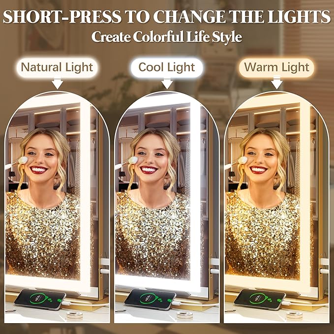 FENNIO Vanity Mirror with Lights 32"x22", Lighted Makeup Mirror, Large Vanity Mirror, Touch Sensor with 3-Color Lighting, 10X Magnification and USB Charging Port for Vanity Desk（Square Gold）