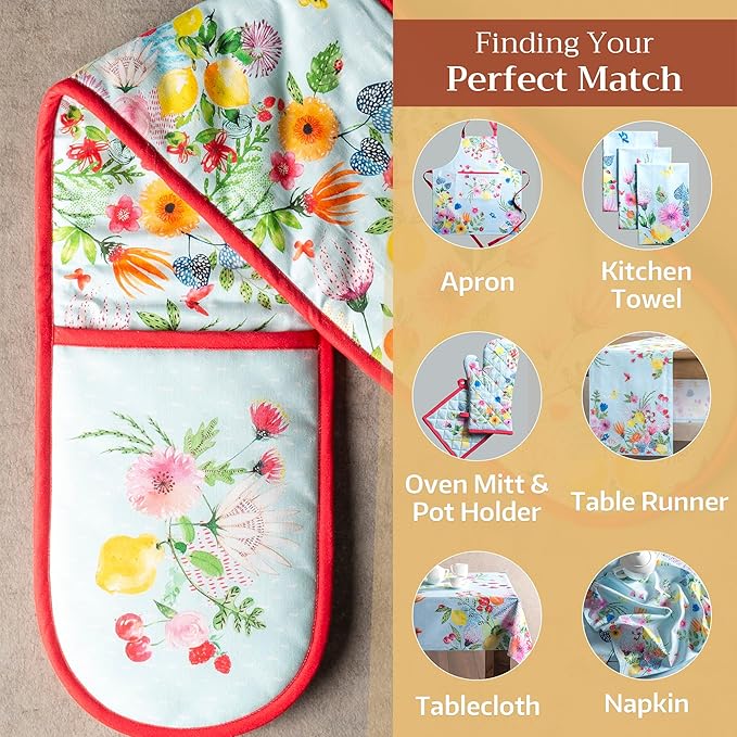 Maison d' Hermine Double Oven Mitts 100% Cotton 7"x35" Double Oven Mitt BBQ Cooking Gloves with Loop, Baking, Grilling, Handling Hot Pans, Jardin D'Ete - Mint - Spring/Summer