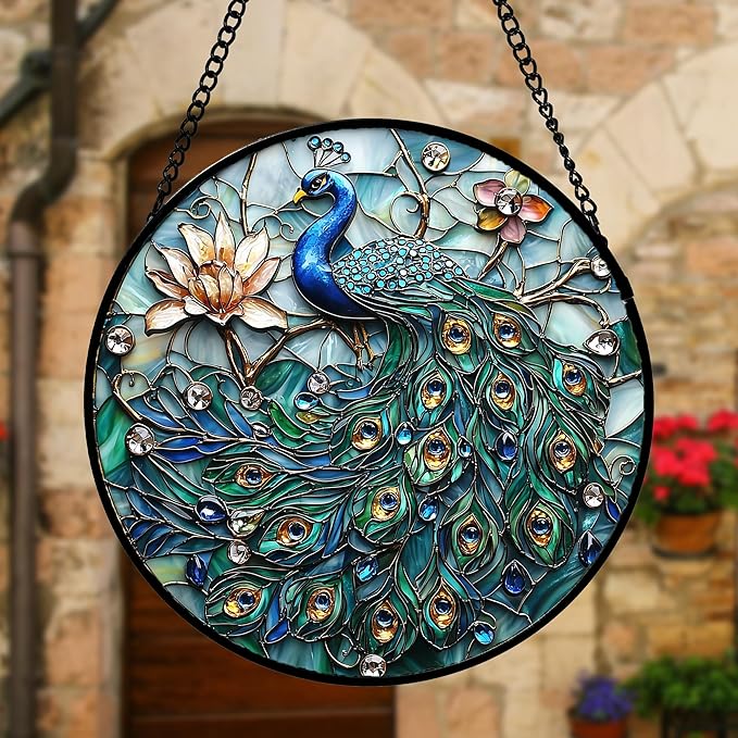 Stained Glass Window Hanging, Blue Peacock Decoration Suncatcher for Door Garden Home Flower Bird Sun Catchers Christmas Mother's Day Birthday Gifts for Women Men Mom Nana Friend 7.8 in