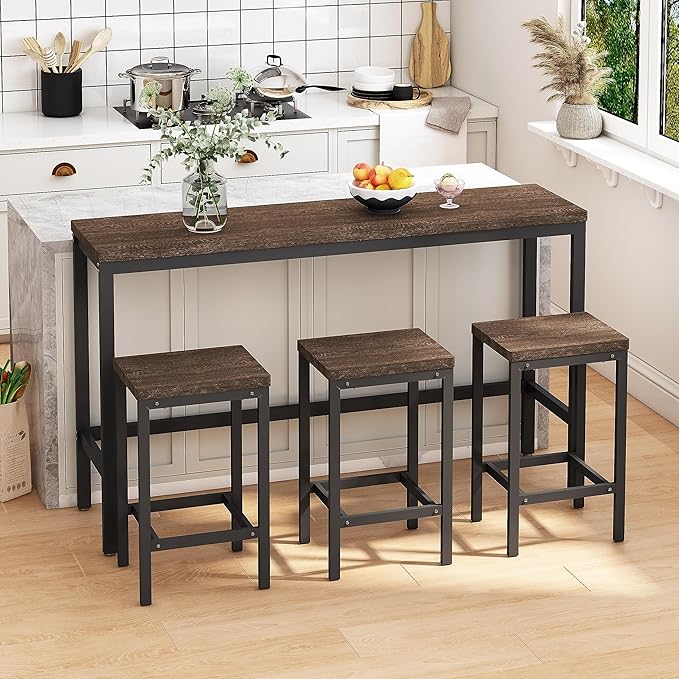 Harper & Bright Designs 4-Piece Dining Set with Long Table & 3 Stools, Space-Saving Design, for Kitchen/Living Room, Dark Brown