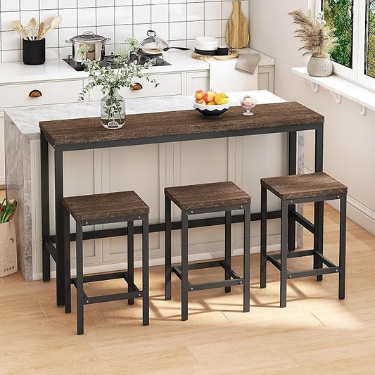 Harper & Bright Designs 4-Piece Dining Set with Long Table & 3 Stools, Space-Saving Design, for Kitchen/Living Room, Dark Brown