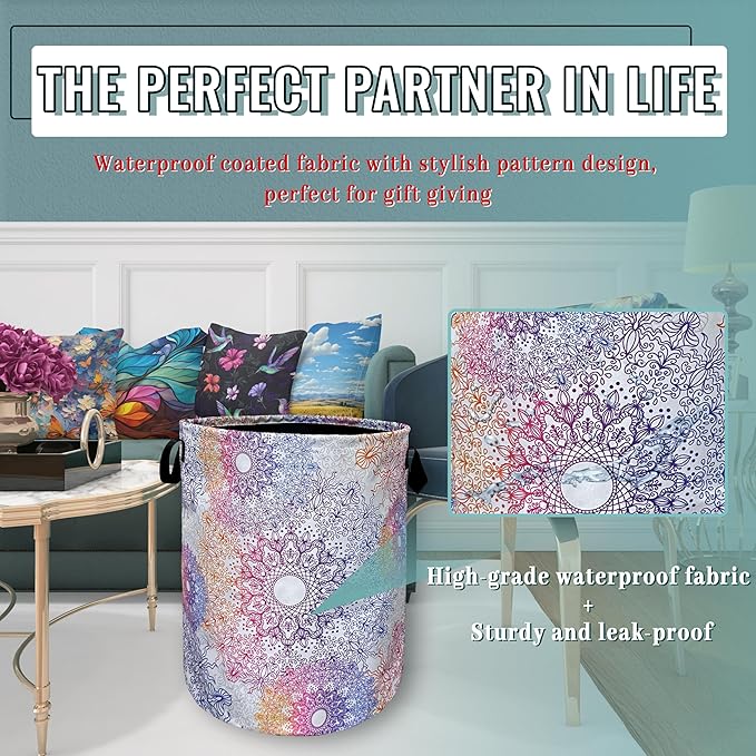 Colorful Mandala Flowers Laundry Basket Foldable With Handles Tote Bag Oxford Cloth Gradiently Laundry Hamper 18.9" x 16.5 "Clothe Storage Bucket Toy Organizer For Bathroom/Laundry/Bedroom