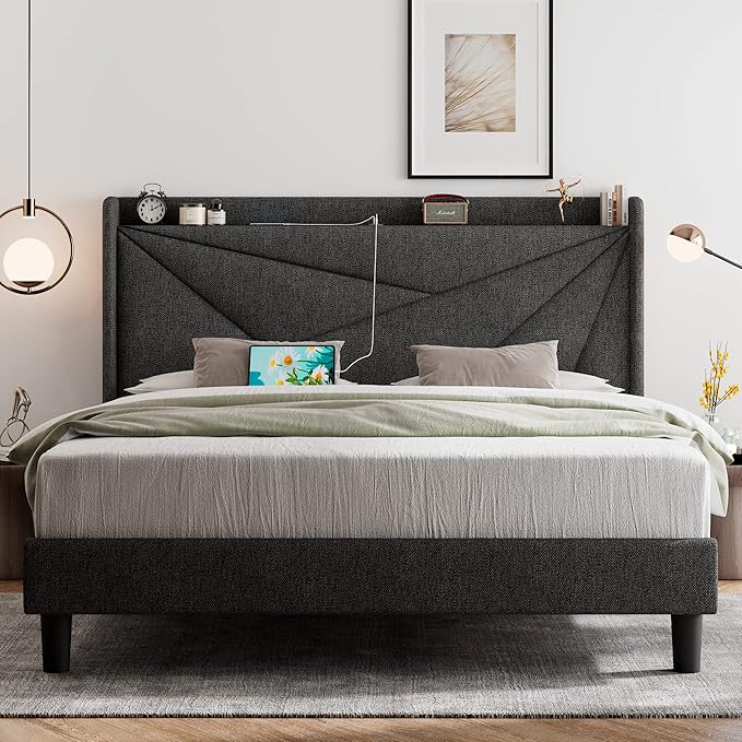 Feonase Full Bed Frame with Charging Station, Linen Upholstered Platform Bedframe with Wingback Headboard, Solid Wood Slats Support, No Box Spring Needed, Noise Free, Dark Grey