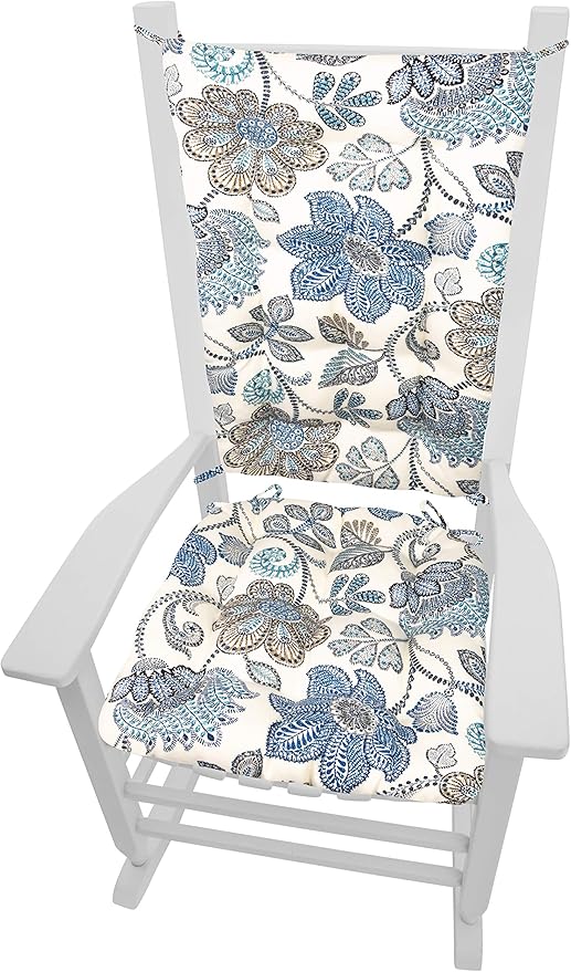 Barnett Home Decor Porch Rocker Cushions Set, Foam Filled Latex Chair Cushion & Backrest Pad Set, Made in USA, Small Size 23 x 19 Inches Outdoor Rocker Cushion, Blue Floral, Blue/White