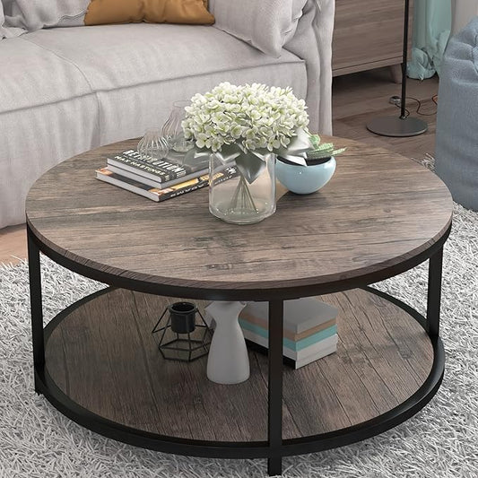 NSdirect Round Coffee Table, 36” Coffee Table for Living Room, 2-Tier Wood Desktop & Sturdy Metal Legs Table Home Furniture with Storage Shelf (Walnut)