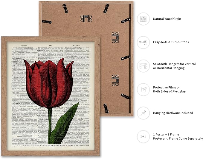 Poster Master Dictionary Art Poster - Tulip Print - Red Flower Art - Floral Art - Gift for Men, Women & Florist - Minimal Decor for Living Room, Bedroom, Dorm or Flower Shop, 11x14 Beige Framed