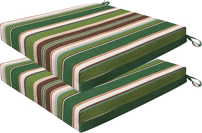 Honeycomb Outdoor Essentials Set of 2 Square Seat Pads, 19 x 19, Stripe Pine Green Dining Chair Cushions for Patio Furniture
