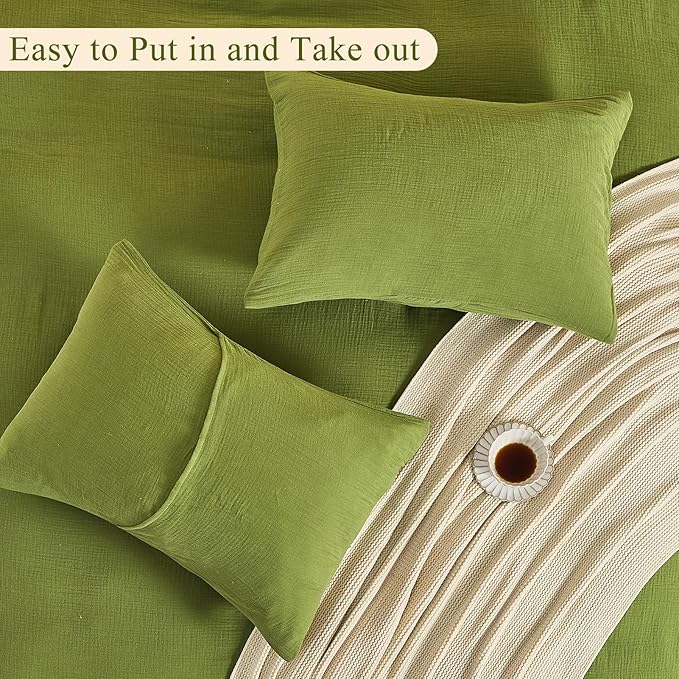 MEISHANG Muslin Duvet Cover Queen Size - 100% Organic Cotton, Soft Textured Gauze Weave Comforter Cover for Breathable All-Season with Zipper Closure - 3 Piece Set (Queen, Forest Green)