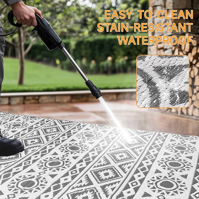 Outdoor Rug Waterproof 6x9 ft, Reversible Outdoor Plastic Straw Rug Patio Rug, RV Rugs for Outside, Outdoor Carpet for Patio Camping Deck Balcony Backyard, Black & Gray