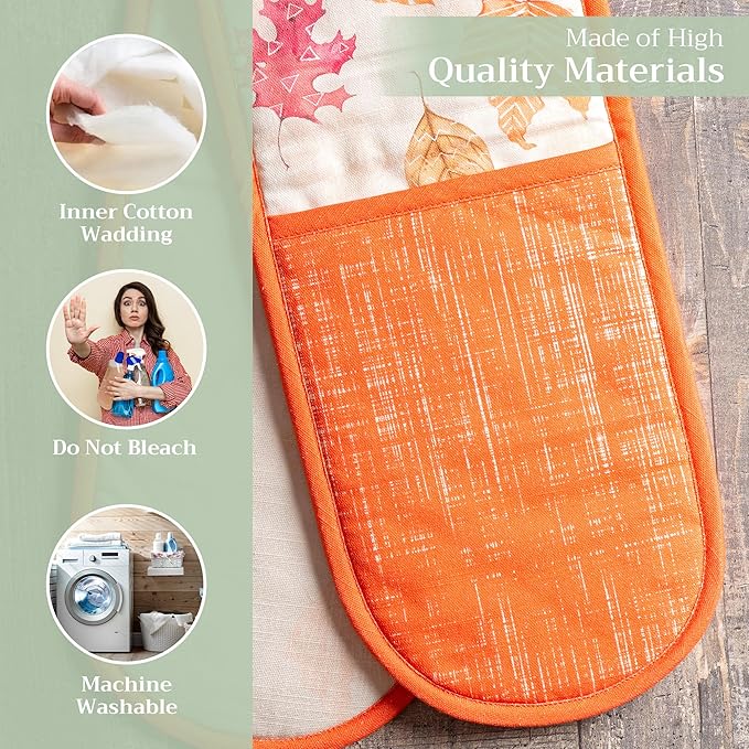 Maison d' Hermine Double Oven Mitt (7" x 35") 100% Cotton Heat Resistant BBQ Cooking Gloves with Loop for Thanksgiving Christmas Decorations Baking Cooking Handling Hot Pan (Colours of Autumn)