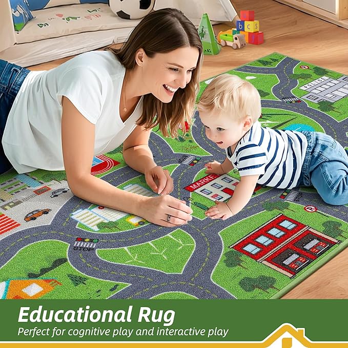 BEQHAUSE Kids Play Mat, Green City Traffic Road Kids Room Rug Great for Playing with Cars, 32”x60” Play Area Rug Car Rugs for Children's Bedroom, Toddler Classroom and Baby Playroom