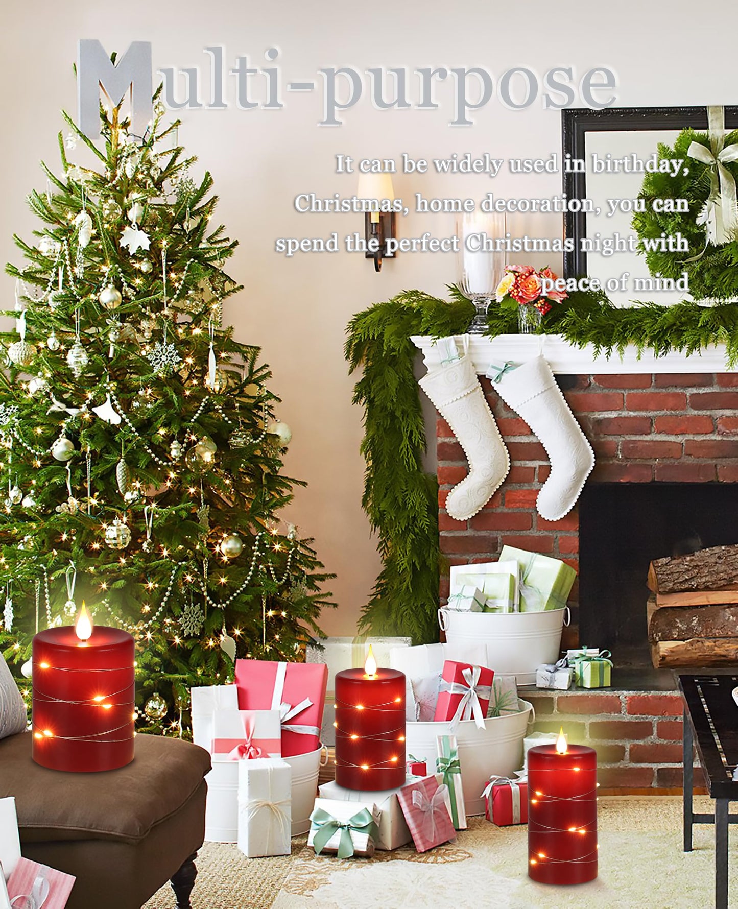 Fanzir Red flameless Candles with Remote Control Timer Battery Operated LED Pillar Candles 4‘’ 5‘’ 6‘’ Fake Candles with String Lights Set of 3 for Christmas or Special Festivals Decorations